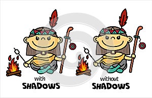 Illustration of funny Native American chibi girl by campfire making fried marshmallow. Cartoon Indian shaman woman character.