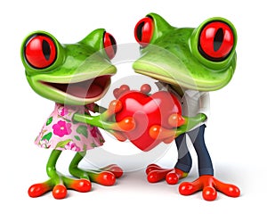 illustration of a funny red eyed tree frog giving a love heart