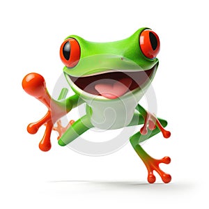 illustration of a funny red eyed tree frog jumping and reaching for camera