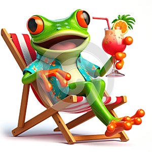 illustration of a funny red eyed tree frog wearing a hawaiian shirt and drinking a cocktail