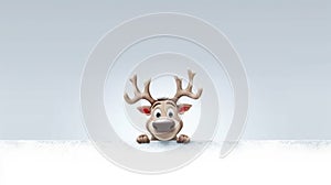 illustration of a funny reindeer peeking his head out from behind a snowy wall