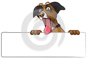 Illustration of a funny surprised dog with eyes wide open and tongue hanging out of mouth. Dog is holding a blank white sign