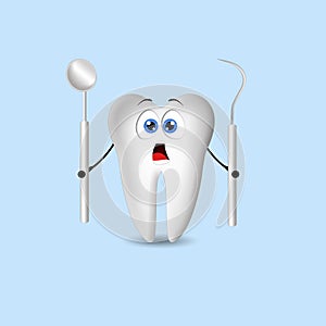 An illustration of funny tooth with dental tools