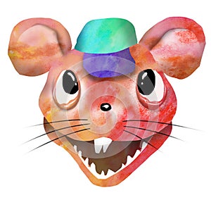 Illustration of a funny ugly cartoon mouse. Cutting watercolor texture. Design for t-shirts, and posters.