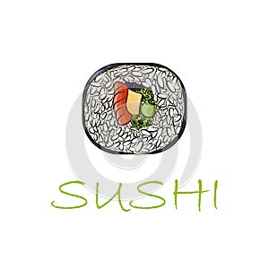 illustration of futomaki sushi roll containing salmon