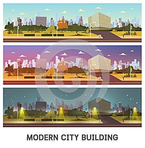 Illustration: Future City Landscape Cartoon Vector Illustration. Modern Building Set.