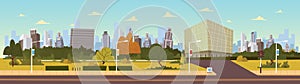 Illustration: Future City Landscape Cartoon Vector Illustration. Modern Building Set.