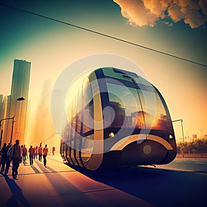 Illustration of Future of Urban Mobility. Futuristic Trams, Metro, and Subways in a Cityscape, generative ai