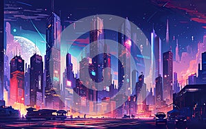 An illustration of a futuristic city at night and a sci-fi vision of a futuristic neon city.