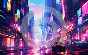 An illustration of a futuristic city at night and a sci-fi vision of a futuristic neon city.