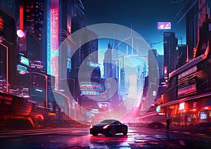 An illustration of a futuristic city at night and a sci-fi vision of a futuristic neon city.