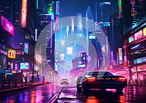 An illustration of a futuristic city at night and a sci-fi vision of a futuristic neon city.