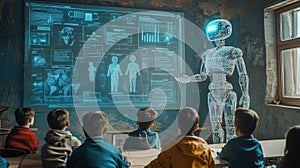 illustration futuristic classroom with AI assistant in humanoid form teaching children, using holographic projections photo