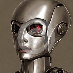 Illustration of futuristic fantastic android robot portrait painting on paper canvas. Generative AI