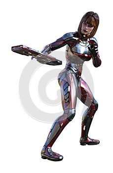 Illustration of a futuristic female soldier in full body pointing a gun sideways