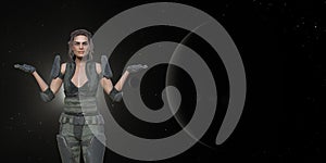 Illustration of a futuristic female soldier portraying a whatever gesture against a deep space background