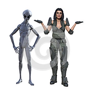 Illustration of a futuristic female soldier portraying a whatever gesture standing next to a gray skin alien with hands on hips