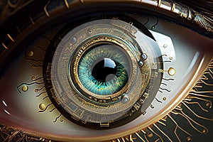 An Illustration of futuristic human eye with electronic elements, AI-generated concept