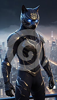 illustration of a futuristic robotic black ninja android cyborg cat in sci-fi urban city setting photo