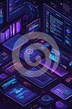 illustration of a futuristic web development environment showcasing digital screens with code, data analytics, and