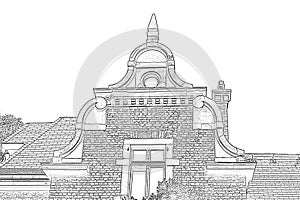 Illustration gable view of an old villa