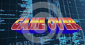 Illustration of game over text with grid pattern over computer programming language