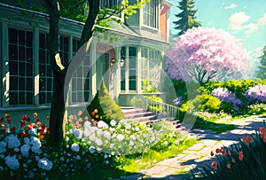 An illustration a garden with flowers and trees in the front yard of a house. Created with Generative AI