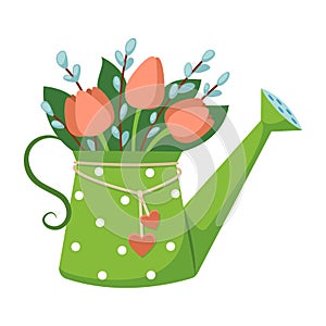 Illustration of garden watering can with flowers