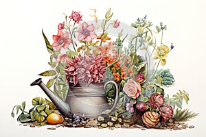 Illustration with garden watering can, flowers, plants in vibrant colors