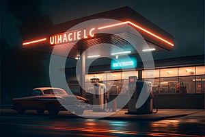 Illustration of a gas station in the city at night. 3d rendering