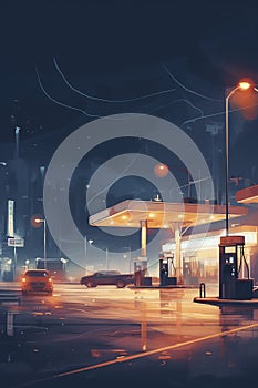 illustration, gas station at night, ai generative