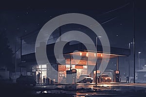 illustration, gas station at night, ai generative