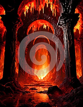 illustration of the gates of hell with lava and fire
