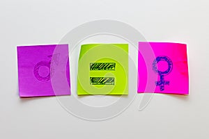 Illustration of gender pay gap, yellow and pink stickers with male and female signs. White background