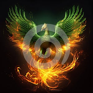 Illustration, Generative AI, green firebird and fire, the phoenix bird