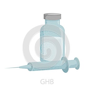 Illustration ghb, diluted in a bottle with a liquid, next to a syringe