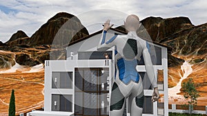 Illustration of a giant alien waving to a human in a house against a mountainous landscape