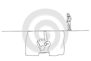 Illustration of giant hand helping small businesswoman, metaphor for opportunity, challenge, leadership. Single continuous line