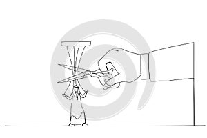 Illustration of giant hand with scissors cutting the strings attached to arab businessman. Metaphor for freedom, independent,