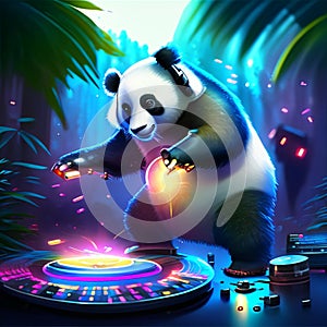 Illustration of a giant panda playing on a discotheque Generative AI