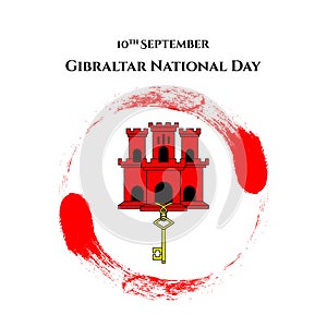 Illustration Gibraltar National Day with sight of Gibraltar - red castle and golden key in trendy style. 10 september design templ