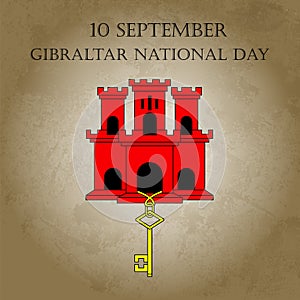 Illustration Gibraltar National Day with sight of Gibraltar - red castle and golden key in trendy style. 10 september design templ