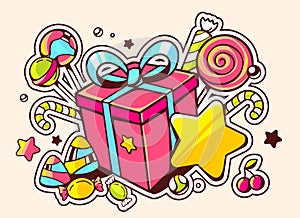 illustration of gift box and confection on light backgro