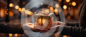 Illustration of a gift box in hand with a Christmas background, AI Generated