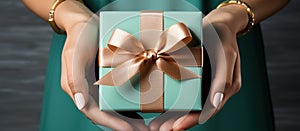 Illustration of a gift box in hand with a Christmas background, AI Generated