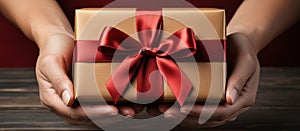 Illustration of a gift box in hand with a Christmas background, AI Generated