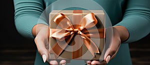 Illustration of a gift box in hand with a Christmas background, AI Generated