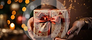 Illustration of a gift box in hand with a Christmas background, AI Generated