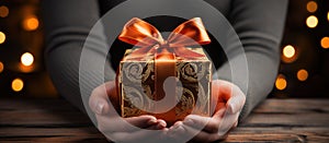 Illustration of a gift box in hand with a Christmas background, AI Generated
