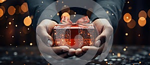 Illustration of a gift box in hand with a Christmas background, AI Generated